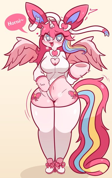 Size: 2400x3800 | Tagged: questionable, artist:ram_g_thunder, derpibooru import, oc, oc:nekonin, unofficial characters only, alicorn, anthro, sylveon, arm hooves, boob window, breasts, busty boy, clothes, cosplay, costume, dialogue, femboy, heart, heart eyes, hooded leotard, hoodie, horny, image, intersex, jpeg, leotard, male, pokémon, ribbon, solo, solo male, vaginal wedgie, wide hips, wingding eyes