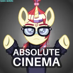 Size: 1472x1462 | Tagged: safe, artist:codenamekid, derpibooru import, moondancer, pony, unicorn, g4, absolute cinema, caption, clothes, female, glasses, highlights, hooves up, horn, image, image macro, looking at you, mare, meme, messy mane, my little pony, png, ponified meme, shadow, solo, spread hooves, sweater, text