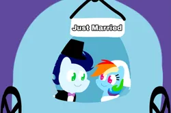 Size: 1935x1285 | Tagged: safe, anonymous artist, derpibooru import, rainbow dash, soarin', pegasus, pony, series:soarindash romantic tales, series:soarindash wedding, g4, bride, carriage, clothes, derpibooru exclusive, dress, female, groom, image, just married, looking at each other, looking at someone, male, mare, marriage, married couple, png, pointy ponies, shipping, smiling, smiling at each other, soarindash, stallion, straight, tuxedo, wedding, wedding dress