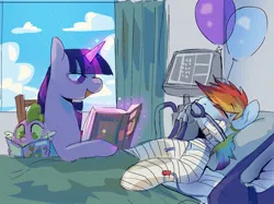 Size: 1667x1250 | Tagged: safe, artist:piesinful, derpibooru import, rainbow dash, spike, twilight sparkle, dragon, pegasus, pony, unicorn, fanfic:cupcakes, g4, bed, horn, hospital bed, image, jpeg