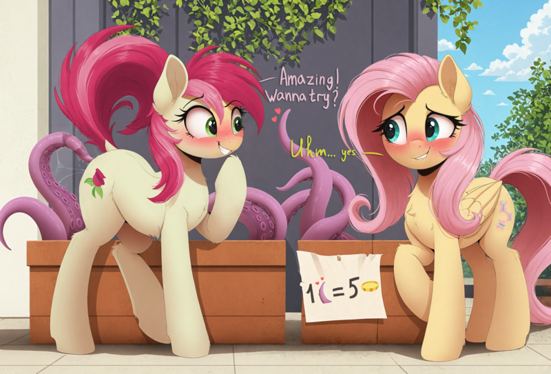 Size: 3000x2038 | Tagged: questionable, ai content, derpibooru import, generator:zoinksnoob, machine learning generated, prompter:havoccovenant, prompter:marestare, stable diffusion, fluttershy, roseluck, earth pony, pegasus, pony, g4, ai composition, aroused, blushing, chest fluff, cloud, coin, consentacles, cute, detailed background, dialogue, dock, duo, duo female, eyebrows, female, heart, hooves, i've seen enough hentai to know where this is going, image, imminent penetration, implied penetration, inviting, leaves, lip bite, looking at each other, looking at someone, mare, money, png, raised eyebrow, raised hoof, raised leg, raised tail, shading, sign, sky, sky background, smiling, speech, standing, tail, talking, teeth, tentacle porn, tentacles, tentacles on female, text, tiled floor, tiles, vaginal secretions, wall, wings