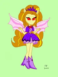 Size: 828x1104 | Tagged: safe, artist:funnypancake, derpibooru import, adagio dazzle, aria blaze, sonata dusk, siren, equestria girls, g4, antagonist, battle of the bands, boots, clothes, curly hair, dress, evil, evil grin, gem, green background, grin, headband, image, jewelry, jpeg, my little pony equestria girls: rainbow rocks, necklace, orange hair, purple dress, red eyes, shoes, simple background, singing, siren gem, smiling, spikes, the dazzlings, wings