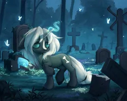 Size: 3700x2937 | Tagged: safe, artist:avroras_world, derpibooru import, oc, oc:tenderness, pony, undead, unicorn, zombie, zombie pony, food, glow, glowing horn, gravestone, graveyard, horn, ice cream, image, jpeg, melting, popsicle