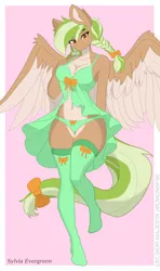 Size: 5700x9600 | Tagged: suggestive, artist:celsior majesta, derpibooru import, oc, oc:sylvia evergreen, unofficial characters only, anthro, pegasus, anthro oc, belly, belly button, bow, breasts, cameltoe, cleavage, clothes, feet, female, green panties, green underwear, high res, image, lingerie, nightgown, panties, passepartout, pegasus oc, png, socks, solo, solo female, spread wings, stocking feet, stockings, tail, tail bow, thigh highs, underwear, wings