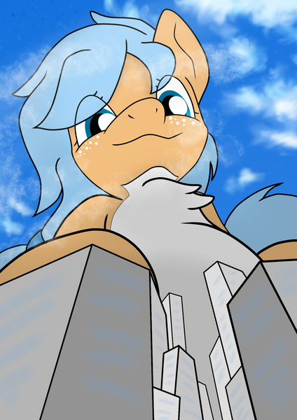 Size: 1414x2000 | Tagged: safe, artist:shakey_kyane929, derpibooru import, oc, oc:iva, pony, city, cloud, from below, giant pony, image, looking at you, looking down, looking down at you, low angle, macro, outdoors, png