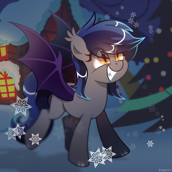 Size: 2000x2000 | Tagged: safe, artist:scarffist, derpibooru import, oc, oc:echo, unofficial characters only, bat pony, pony, base used, bat ears, bat eyes, bat pony oc, bat wings, christmas, christmas tree, cute, derpibooru exclusive, evening, fangs, gritted teeth, happy, happy new year, holiday, image, long hair, long mane, long tail, looking up, new year, night, outdoors, png, smiling, snow, snowfall, snowflake, solo, tail, teeth, tree, walking, wings, winter, yellow eyes