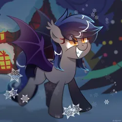 Size: 2000x2000 | Tagged: safe, artist:scarffist, derpibooru import, oc, oc:echo, unofficial characters only, bat pony, pony, base used, bat ears, bat eyes, bat pony oc, bat wings, christmas, christmas tree, cute, derpibooru exclusive, evening, fangs, gritted teeth, happy, happy new year, holiday, image, long hair, long mane, long tail, looking up, new year, night, outdoors, png, smiling, snow, snowfall, snowflake, solo, tail, teeth, tree, walking, wings, winter, yellow eyes