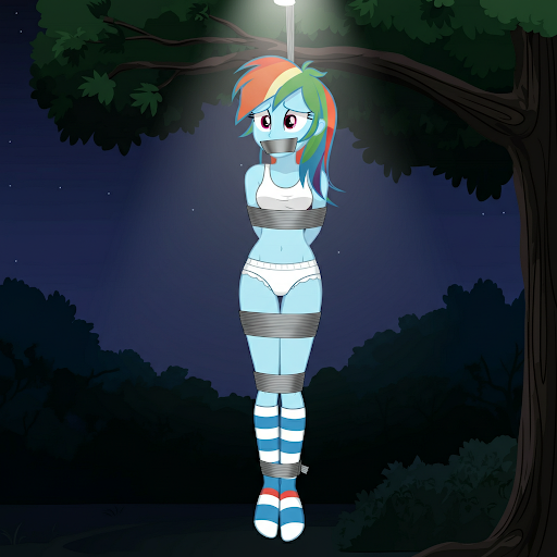 Size: 512x512 | Tagged: suggestive, ai content, derpibooru import, rainbow dash, human, equestria girls, g4, belly button, bondage, bound and gagged, bra, clothes, dashsub, duct tape, femsub, gag, image, night, outdoors, panties, png, socks, solo, submissive, tape, tape gag, tied up, tree, underwear, white panties, white underwear