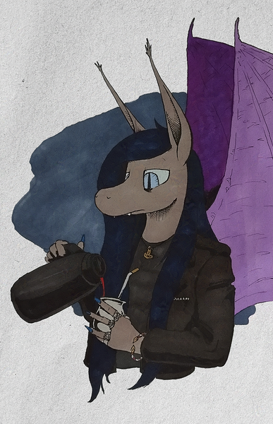 Size: 825x1280 | Tagged: safe, artist:darkhestur, derpibooru import, oc, oc:dark, anthro, bat pony, pony, undead, vampire, vampony, abstract background, anthro oc, bat pony oc, bat wings, bracelet, clothes, image, jacket, jewelry, leather, leather jacket, marker drawing, mate, pendant, png, ring, solo, spread wings, thermos, traditional art, wings