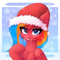 Size: 3300x3300 | Tagged: safe, artist:gaffy, derpibooru import, oc, oc:gaffy, unofficial characters only, abstract background, blushing, chest fluff, christmas, ear fluff, half, happy new year, hat, holiday, image, looking at you, modular, png, santa hat, wings