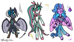 Size: 952x546 | Tagged: safe, derpibooru import, oc, oc:crimson watermelon, oc:elizabat stormfeather, oc:saphira moon, unofficial characters only, alicorn, bat pony, bat pony alicorn, ghoul, original species, pony, semi-anthro, undead, alicorn oc, bat wings, bone tail, brush, clothes, collar, colored wings, curly mane, digital art, feather, female, goat horns, horn, horn markings, horns, image, jewelry, knife, long mane, mare, not celestia, not izzy moonbow, not luna, notebook, pen, plushie, png, pony plushie, simple background, spikes, transparent background, trio, two toned mane, two toned wings, unshorn fetlocks, wings