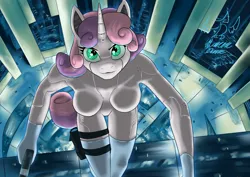 Size: 4093x2894 | Tagged: safe, artist:eltanin14d, derpibooru import, sweetie belle, anthro, pony, robot, unicorn, g4, crossover, cyberpunk, ghost in the shell, gun, horn, image, looking at you, night, png, solo, sweetie bot, weapon