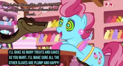 Size: 1108x593 | Tagged: safe, artist:stopthedab10, derpibooru import, edit, edited screencap, screencap, cup cake, earth pony, pony, snake, g4, no second prances, cute, cute cake, duo, ear piercing, earring, female, hypno eyes, hypnosis, hypnotized, image, jewelry, jpeg, kaa, kaa eyes, looking at each other, looking at someone, male, mare, my little pony, open mouth, open smile, piercing, smiling, smiling at each other, snake tail, story included, sugarcube corner, tail, text