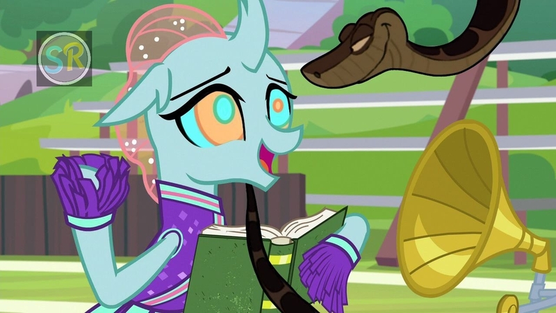 Size: 1280x720 | Tagged: safe, artist:scornedremnant, derpibooru import, edit, edited screencap, screencap, ocellus, changeling, snake, 2 4 6 greaaat, g4, book, cheerleader, cheerleader outfit, clothes, cute, diaocelles, hypno eyes, hypnosis, hypnotized, image, jpeg, kaa, kaa eyes, looking at each other, looking at someone, my little pony, open mouth, open smile, pom pom, smiling, smiling at each other, snake tail, tail