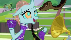 Size: 1280x720 | Tagged: safe, artist:scornedremnant, derpibooru import, edit, edited screencap, screencap, ocellus, changeling, snake, 2 4 6 greaaat, g4, book, cheerleader, cheerleader outfit, clothes, cute, diaocelles, hypno eyes, hypnosis, hypnotized, image, jpeg, kaa, kaa eyes, looking at each other, looking at someone, my little pony, open mouth, open smile, pom pom, smiling, smiling at each other, snake tail, tail