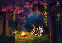 Size: 2138x1500 | Tagged: safe, artist:koviry, derpibooru import, oc, unofficial characters only, cat, pony, unicorn, campfire, chest fluff, commission, duo, duo female, female, fire, forest, horn, image, jpeg, log, mare, nature, night, open mouth, open smile, outdoors, sitting, smiling, tree