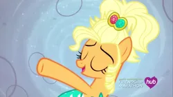 Size: 1280x720 | Tagged: safe, derpibooru import, screencap, applejack, earth pony, g4, female, hub logo, image, jpeg, logo, the hub