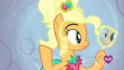 Size: 1280x720 | Tagged: safe, derpibooru import, screencap, applejack, earth pony, g4, female, hub logo, image, jpeg, logo, mirror, the hub