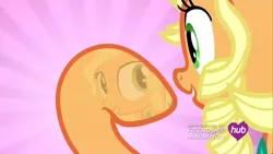 Size: 1280x720 | Tagged: safe, derpibooru import, screencap, applejack, earth pony, g4, female, hub logo, image, jpeg, logo, raised hoof, reflection, the hub