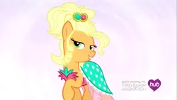 Size: 1280x720 | Tagged: safe, derpibooru import, screencap, applejack, earth pony, g4, female, hub logo, image, jpeg, logo, the hub