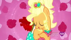 Size: 1280x720 | Tagged: safe, derpibooru import, screencap, applejack, earth pony, g4, female, flower, hub logo, image, jpeg, logo, rose, the hub