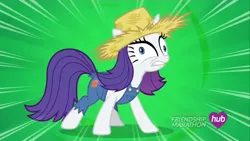 Size: 1280x720 | Tagged: safe, derpibooru import, screencap, rarity, unicorn, g4, female, horn, hub logo, image, jpeg, logo, the hub