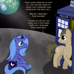 Size: 1000x1000 | Tagged: artist needed, safe, derpibooru import, doctor whooves, princess luna, time turner, alicorn, earth pony, g4, doctor who, image, jpeg, moon, space, tardis