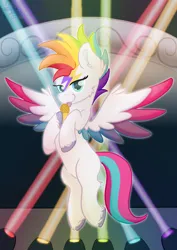 Size: 2480x3508 | Tagged: safe, artist:exobass, derpibooru import, zipp storm, pegasus, pony, g5, :p, david bowie, image, lights, microphone, png, rainbow, smug, solo, spread wings, stage, tongue out, unshorn fetlocks, wings