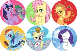 Size: 818x545 | Tagged: artist needed, safe, derpibooru import, applejack, derpy hooves, fluttershy, rainbow dash, rarity, spike, twilight sparkle, dragon, earth pony, pegasus, unicorn, g4, apple, applejack's hat, buttons, cowboy hat, food, hat, horn, image, jpeg, letter, muffin