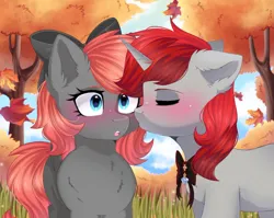 Size: 2047x1626 | Tagged: safe, artist:arllistar, derpibooru import, oc, oc:darknightprincess, oc:magicalboyzenny, unofficial characters only, pegasus, pony, unicorn, autumn, blue eyes, blushing, boyfriend, boyfriend and girlfriend, couple, cute, duo, duo male and female, eyes closed, female, girlfriend, horn, image, kiss on the cheek, kissing, leaves, male, outdoors, png, red mane