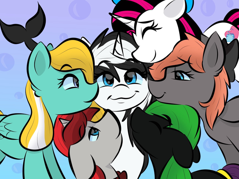 Size: 2000x1499 | Tagged: safe, derpibooru import, oc, oc:animelodie, oc:darknightprincess, oc:magicalboyzenny, oc:rubiowolf, oc:shouka, unofficial characters only, orca, orca pony, original species, pegasus, pony, unicorn, best friends, bisexual, blue eyes, boyfriend and girlfriend, four girls, girlfriend, group, horn, image, multicolored hair, nuzzling, png, polyamory, red mane