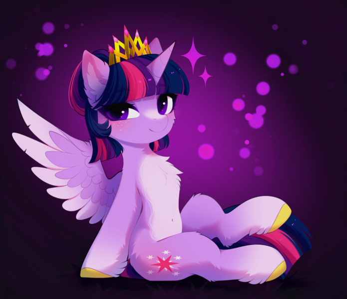 Size: 4384x3785 | Tagged: safe, artist:empress-twilight, derpibooru import, twilight sparkle, twilight sparkle (alicorn), alicorn, pony, g4, alternate design, alternate hairstyle, alternate universe, bangs, belly, belly button, cheek fluff, chest fluff, coat markings, colored belly, colored ear fluff, colored hooves, colored wings, colored wingtips, commission, crown, ear fluff, eye clipping through hair, eyebrows, eyebrows visible through hair, eyelashes, facial markings, feathered wings, fetlock tuft, freckles, gradient background, hair bun, high res, hock fluff, hooves, image, jewelry, leg fluff, looking back, my little pony, new dawn of harmony, pale belly, png, purple coat, purple eyes, purple wingtips, raised leg, regalia, shiny mane, shiny tail, short hair twilight sparkle, short mane, sitting, slender, smiling, snip (coat marking), sparkles, spread wings, thin, three quarter view, three toned mane, three toned tail, tied mane, two toned wings, wings, ych result, yellow hooves