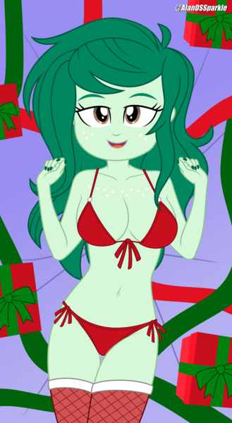 Size: 4800x8762 | Tagged: suggestive, artist:alandssparkle, derpibooru import, wallflower blush, human, equestria girls, g4, belly, belly button, bikini, breasts, christmas, clothes, costume, derpibooru exclusive, female, fishnet clothing, fishnets, holiday, image, looking at you, png, santa costume, sexy, sexy santa costume, socks, solo, solo female, stockings, swimsuit, thigh highs, underass