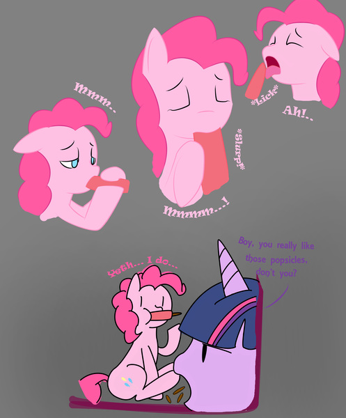 Size: 4775x5769 | Tagged: suggestive, artist:ficklemetal, derpibooru import, pinkie pie, twilight sparkle, earth pony, unicorn, g4, female, food, horn, image, innuendo, jpeg, licking, popsicle, tongue out