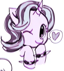 Size: 1280x1431 | Tagged: safe, artist:bonedustz, derpibooru import, starlight glimmer, pony, unicorn, g4, bracelet, bust, curved horn, edgelight glimmer, eyelashes, female, horn, image, limited palette, mare, one eye closed, pink coat, png, simple background, smiling, solo, speech bubble, spiked wristband, spoken heart, three quarter view, two toned mane, unicorn horn, white background, wink, wristband