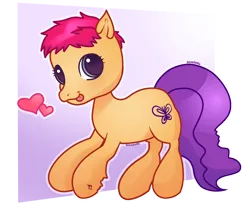 Size: 1280x1065 | Tagged: safe, artist:bonedustz, derpibooru import, scootaloo (g3), earth pony, pony, g3, alternate hairstyle, alternate mane color, alternate tail color, colored pupils, eyelashes, female, filly, floating heart, foal, gradient pupils, heart, image, leg scar, long tail, orange coat, outline, partially transparent background, passepartout, pink mane, png, purple eyes, purple pupils, purple tail, scar, short mane, signature, smiling, solo, tail, tongue out, toy interpretation