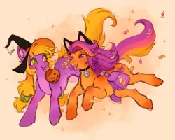 Size: 2048x1638 | Tagged: safe, artist:madisockz, derpibooru import, abra-ca-dabra, pumpkin tart, earth pony, pony, g3, alternate design, alternate hairstyle, alternate mane color, alternate tail color, bag, bell, bell collar, blonde tail, candy, cat ears, clothes, collar, colored belly, colored pinnae, colored pupils, colored sketch, costume, countershading, duo, duo female, eyelashes, fake ears, fangs, female, food, gradient background, gradient legs, green eyes, green pupils, hair tie, halloween, halloween 2024, halloween costume, hat, heart, heart eyes, heart mark, holiday, image, looking at each other, looking at someone, mare, open mouth, open smile, orange coat, pale belly, pigtails, png, purple coat, purple eyes, purple mane, purple pupils, running, saddle bag, sketch, smiling, smiling at each other, tail, three quarter view, three toned mane, three toned tail, tied mane, wingding eyes, witch hat