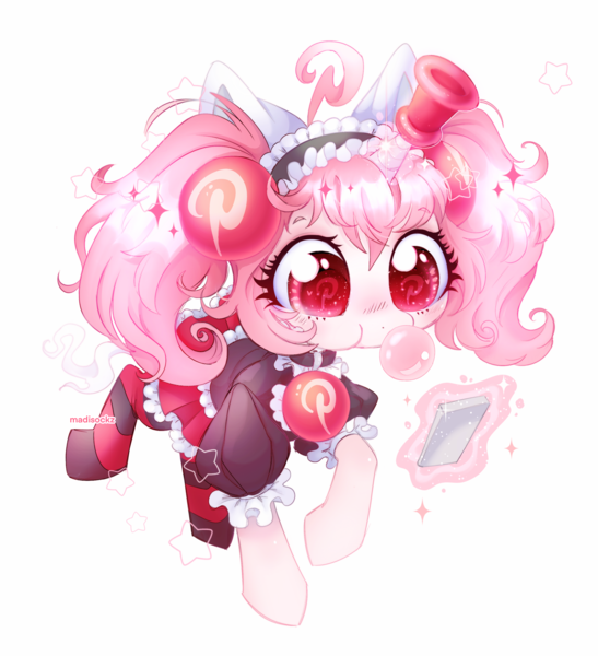 Size: 1868x2048 | Tagged: safe, artist:madisockz, derpibooru import, oc, oc:pinterest-chan, ponified, unofficial characters only, pony, unicorn, ahoge, blowing bubblegum, blush lines, blushing, bubblegum, cat ears, chibi, clothes, collar, colored eyebrows, colored pupils, eyebrows, eyebrows visible through hair, eyelashes, eyeshadow, fake ears, female, female oc, food, frilly skirt, glow, glowing horn, gum, hair accessory, heart, heart eyes, horn, image, logo, looking at something, looking down, magic, maid, maid headdress, makeup, mane accessory, mare, mare oc, mobile phone, phone, pigtails, pink coat, pink eyeshadow, pink magic, pink mane, pinterest, png, ponified oc, red eyes, red pupils, red skirt, shiny eyes, shiny mane, signature, skirt, smartphone, socks, solo, sparkles, sparkly eyes, standing on two hooves, stars, striped socks, three quarter view, tied mane, unicorn horn, unicorn oc, wingding eyes