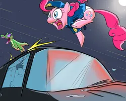 Size: 1299x1045 | Tagged: artist needed, safe, color edit, derpibooru import, edit, gummy, pinkie pie, alligator, earth pony, g4, broken glass, car, chase, colored, drawthread, duo, fleeing, gunshot, image, open mouth, png, police pony, requested art