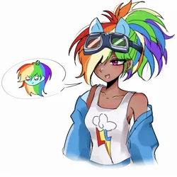 Size: 2280x2280 | Tagged: safe, artist:pulse, derpibooru import, kotobukiya, rainbow dash, human, g4, :d, clothes, collarbone, cute, cutie mark, cutie mark on clothes, dashabetes, eared humanization, eye clipping through hair, female, goggles, goggles on head, hair over one eye, humanized, image, jacket, jpeg, kotobukiya rainbow dash, off shoulder, open mouth, open smile, ponytail, simple background, smiling, solo, speech bubble, tan skin, tanktop, white background