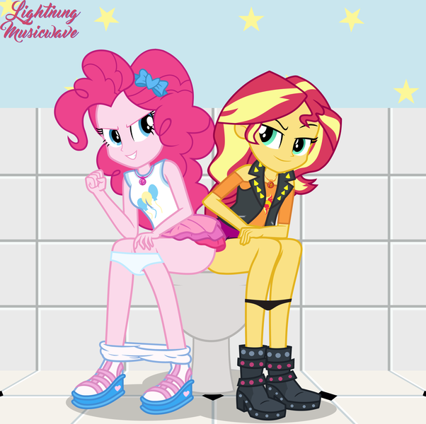 Size: 2000x1995 | Tagged: questionable, artist:lightning_musicwave, derpibooru import, pinkie pie, sunset shimmer, equestria girls, g4, bathroom, bow, but why, clothes, duo, duo female, female, hair bow, image, implied scat, link in description, nudity, panties, panties pulled down, partial nudity, png, poop, pooping, pooping together, potty time, rah rah skirt, show accurate, show accurate porn, sitting, sitting on toilet, skirt, smiling, smirk, toilet, underwear