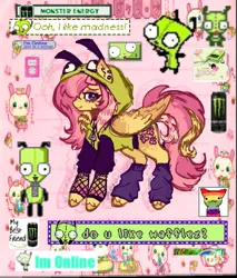 Size: 685x805 | Tagged: safe, artist:junniepiepoopop, derpibooru import, fluttershy, pegasus, pony, robot, g4, abstract background, alternate hairstyle, alternate mane color, alternate tail color, alternate tailstyle, antonymph, bracelet, brown hooves, brown wingtips, clothes, collage, colored eartips, colored hooves, colored wings, colored wingtips, coontails, cutiemarks (and the things that bind us), drink, dyed mane, dyed tail, ear piercing, earring, energy drink, eye markings, facial markings, fishnet clothing, fluttgirshy, folded wings, gauges, gir, heart earring, hoodie, hooves, image, invader zim, jewelry, kandi, leg warmers, lidded eyes, looking back, lyrics in the description, mixed media, monster energy, piercing, pink mane, pink tail, png, profile, requested art, shiny hooves, smiling, solo, splotches, standing, tail, teal eyes, two toned ears, two toned wings, vylet pony, wing markings, wings