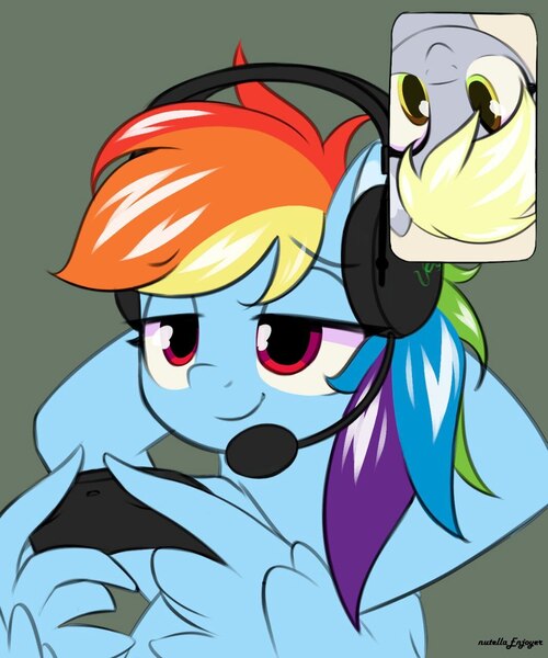 Size: 1067x1280 | Tagged: safe, artist:nutellaenjoyer, derpibooru import, derpy hooves, rainbow dash, pegasus, pony, g4, controller, duo, duo female, female, gamer dash, green background, headset, hooves behind head, image, jpeg, lidded eyes, simple background, smiling, upside down, video call, wing hands, wings