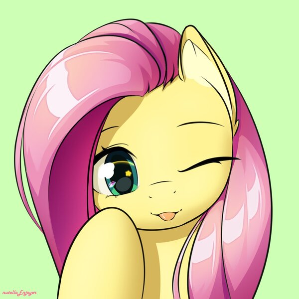 Size: 1500x1500 | Tagged: safe, artist:nutellaenjoyer, derpibooru import, fluttershy, pegasus, pony, g4, :p, cute, female, green background, image, jpeg, looking at you, mare, one eye closed, shyabetes, simple background, solo, starry eyes, tongue out, wingding eyes, wink, winking at you