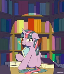 Size: 2427x2800 | Tagged: safe, artist:nutellaenjoyer, derpibooru import, twilight sparkle, pony, unicorn, g4, bibliovore, book, caught, emanata, exclamation point, female, floppy ears, horn, image, jpeg, library, looking at you, looking back, looking back at you, mare, sitting, solo, that pony sure does love books, unicorn twilight