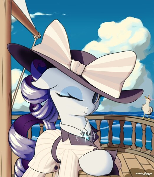 Size: 1043x1199 | Tagged: safe, artist:nutellaenjoyer, derpibooru import, rarity, bird, pony, seagull, unicorn, g4, boat, bow, clothes, cloud, female, floppy ears, giant hat, glow, glowing eyes, hat, horn, image, jpeg, looking at you, mare, ocean, one eye closed, raised hoof, raristocrat, rose dewitt bukater, sailboat, smiling, solo, titanic, water, wink, winking at you