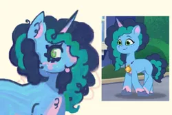 Size: 354x238 | Tagged: safe, artist:junniepiepoopop, derpibooru import, pony, unicorn, g5, my little pony: tell your tale, alternate design, blaze (coat marking), blue coat, blue eyelashes, blush scribble, blushing, coat markings, colored eyelashes, colored pinnae, colored sketch, curly mane, dragon dad, facial markings, female, freckles, green eyes, horn, image, jewelry, looking back, mare, misty brightdawn, necklace, png, profile, reference used, screencap reference, simple background, sketch, smiling, solo, tongue out, two toned horn, two toned mane, unicorn horn, white background