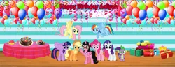 Size: 2608x1000 | Tagged: safe, artist:lizzmcclin, derpibooru import, applejack, fluttershy, pinkie pie, rainbow dash, rarity, spike, twilight sparkle, twilight sparkle (alicorn), oc, oc:aaliyah, alicorn, dragon, earth pony, pegasus, pony, g4, alicorn oc, balloon, birthday cake, cake, female, food, happy birthday, horn, image, male, mane six, mare, png, present, wings