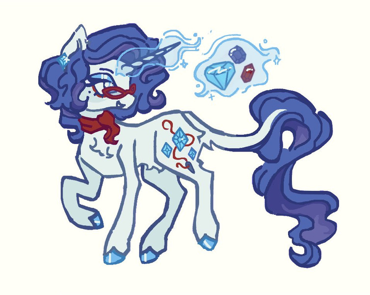 Size: 957x762 | Tagged: safe, artist:junniepiepoopop, derpibooru import, rarity, pony, unicorn, g4, alternate cutie mark, alternate design, alternate hairstyle, alternate tailstyle, beauty mark, blue eyes, blue eyeshadow, blue hooves, chest fluff, clothes, colored hooves, cutie mark accessory, cutie mark earrings, diamond, ear piercing, earring, eyelashes, eyeshadow, female, glasses, glow, glowing horn, hooves, horn, image, jewelry, jpeg, leonine tail, long horn, looking at something, magic, makeup, mare, needle, open mouth, open smile, piercing, profile, pubic fluff, purple mane, purple tail, rarity's glasses, scarf, shiny hooves, short hair rarity, short mane, simple background, smiling, solo, standing on two hooves, tail, telekinesis, thin, thread, turned head, unicorn horn, white background, white coat