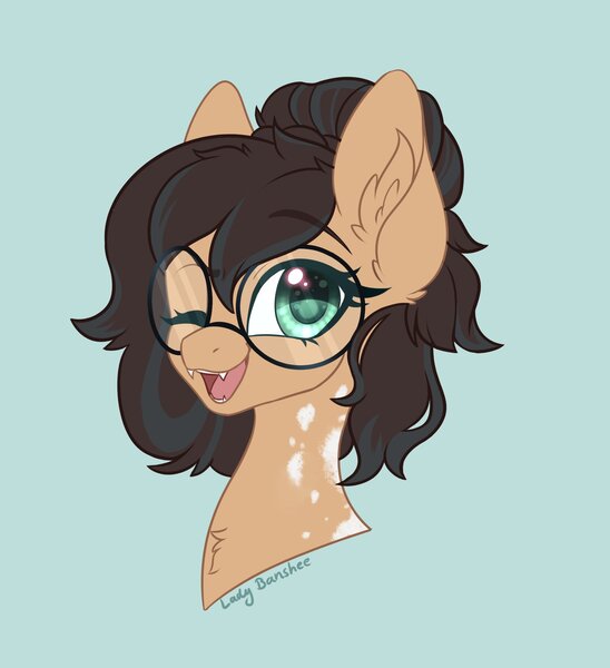 Size: 1831x2006 | Tagged: safe, artist:_ladybanshee_, derpibooru import, oc, oc:nixie tube, unofficial characters only, bat pony, earth pony, hybrid, wingless bat pony, bat pony oc, bat wings, bust, chest fluff, ear fluff, eyebrows, eyebrows visible through hair, fangs, female, glasses, image, jpeg, one eye closed, simple background, smiling, solo, wingless, wings, wink